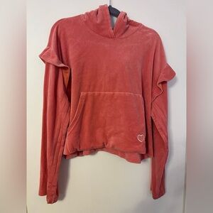 ADIDAS Pink Velour Cropped Ruffled Hoodie with Heart Detail